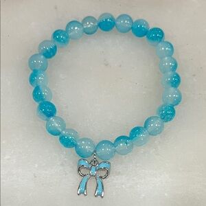 Blue Aqua Beaded Bracelet with Bow Charm